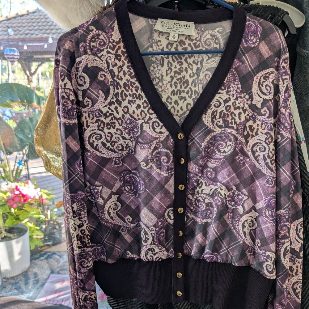 St. John Knit Silk Vee Neck Button Down Top Size 16 Made in USA